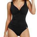 Popilush Tummy Control Swimsuits for Women - Ruched One Piece Shapewear Bathing Suit Twist Front Swimwear Black, Size: XL