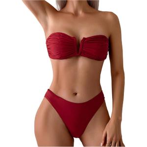 SHENHE Women's Strapless Bikini Swimsuits 2 Piece Ruched V Wire Bandeau Bikini Sets Bathing Suits (Red, S)