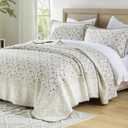 100% Cotton Quilt - King Size Quilt Beige Brown Purple Floral Cotton 3-Piece Bedspread Set, Vintage Lightweight Reversible Comforter Coverlet Bedding Set with 2 Pillow Shams for All-Season