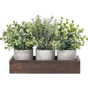 Dahey 3 Pack Mini Potted Artificial Eucalyptus Fake Plants with Wood Tray Centerpiece Table Decorations, Farmhouse Pulp Flower Pots Greenery Home Decor for Coffee Table Dining Room Office Kitchen