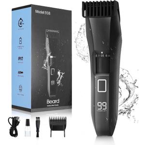 Beatslm Beard Trimmer for Men, 20 Length Adjustable, Cordless Waterproof Clippers, Stainless Steel T-Blade for Precision Facial Hair Trimming with 2 Guide Combs, Travel Lock, LED Display (Deep Black)