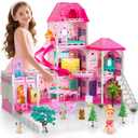 Doloowee 3-Level DIY Dollshouse for Girls with 7 Themed Rooms, 2 Dolls & 4 Dogs - Dolls House Toys with Slide, Furniture & Accessories for 4-8 Years Old