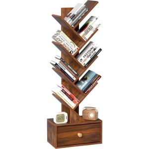 8 Tier Tree Bookshelf with Drawer, Free Standing Wood Bookcase for Narrow Space, Storage Organizer Bookshelves for Books, Book Case for Home Office, Living Room, Bedroom, Rustic Brown