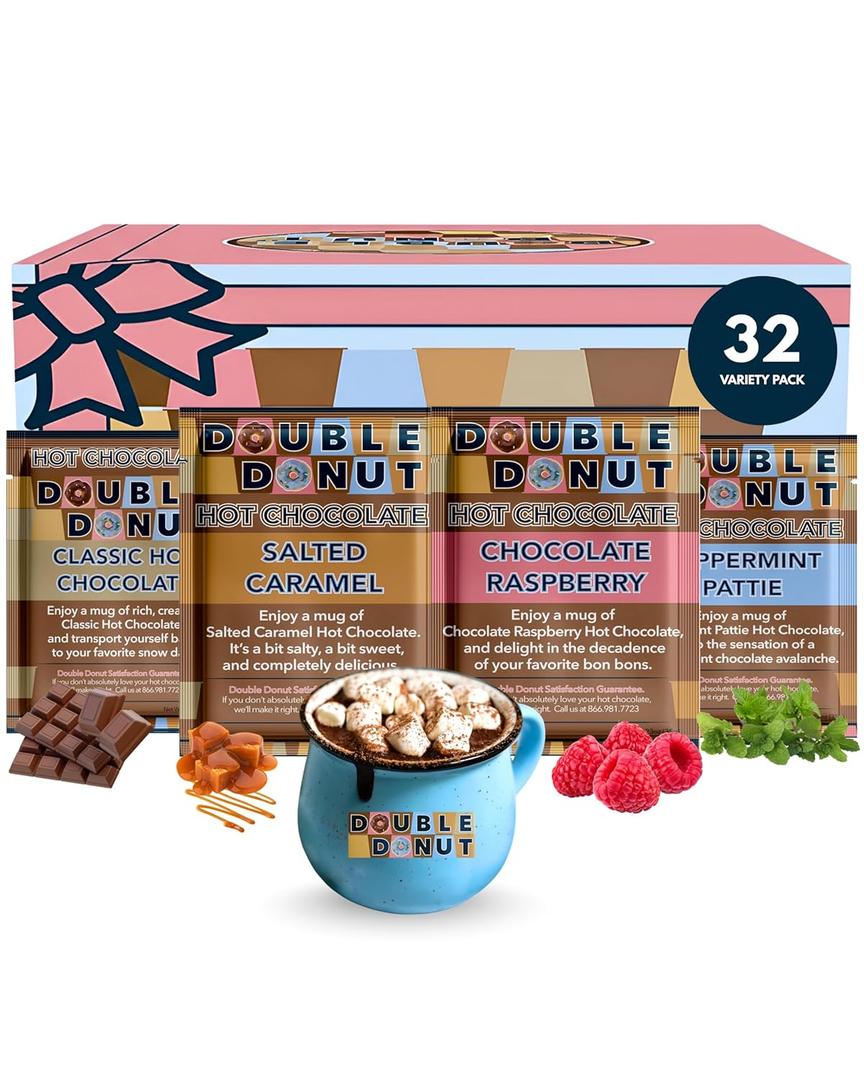 Gourmet Hot Cocoa Mix Variety Pack - Classic, Chocolate Raspberry, Salted Caramel, & Peppermint Hot Chocolate Mix Sets - 32 Count (EXP 03/18/27)