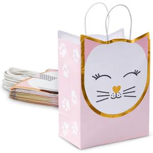 Sparkle and Bash 15 Pack Cat Gift Bags for Birthday Party Favors w/ 20 Sheets of Tissue Paper, 8 x 10 x 4.7 in (Pink, Gold)