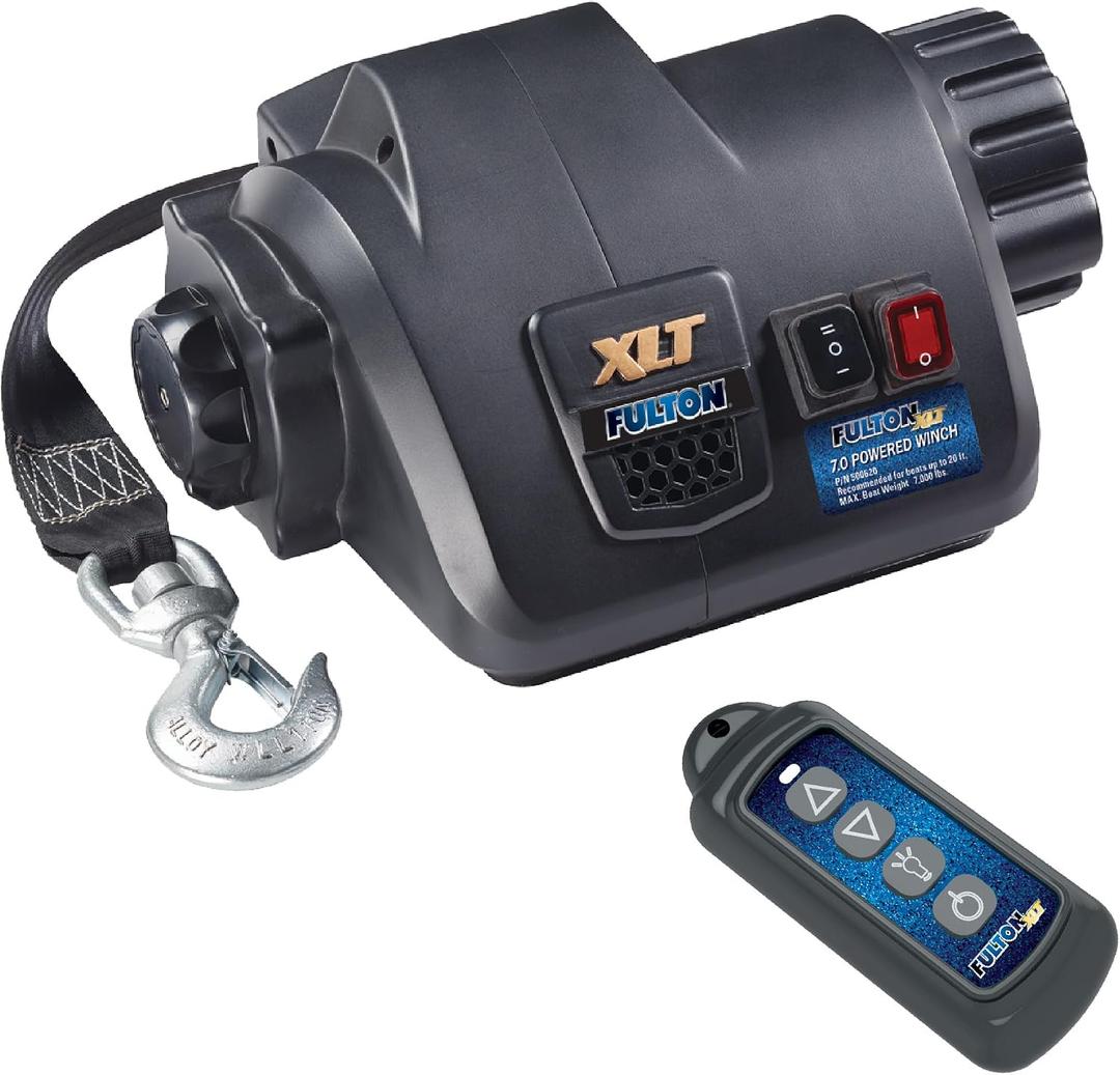 Fulton 500621 XLT Marine Trailer Winch, Powered, 10,000 lbs. Capacity, 15 Foot Strap, Wireless Remote Included, Compatible with Boats Up to 26ft and 7,000lb, No Size
