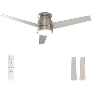 warmiplanet Flush Mount Ceiling Fan with Lights Remote Control, 52-Inch, Double-sided Fan Blade, Brushed Nickel/Wood, 3-Blades, 2 Sets