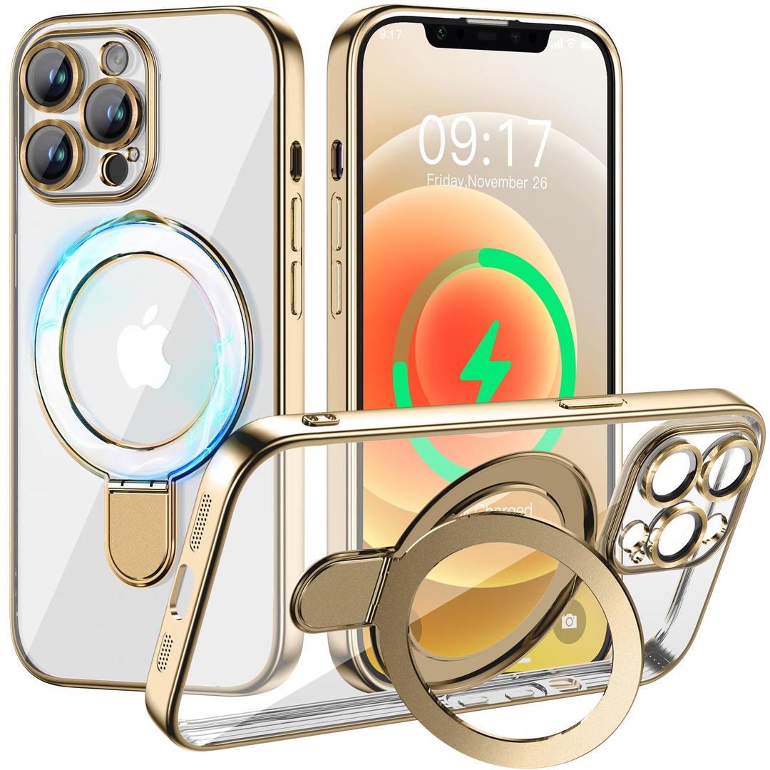 mteyoim Magnetic for iPhone 14 Pro Max Case with Invisible Stand[Compatible with MagSafe][Full Camera Lens Protector][Military Drop Protection] Shockproof Not Yellowing Clear Slim Soft for Women Men (Gold)
