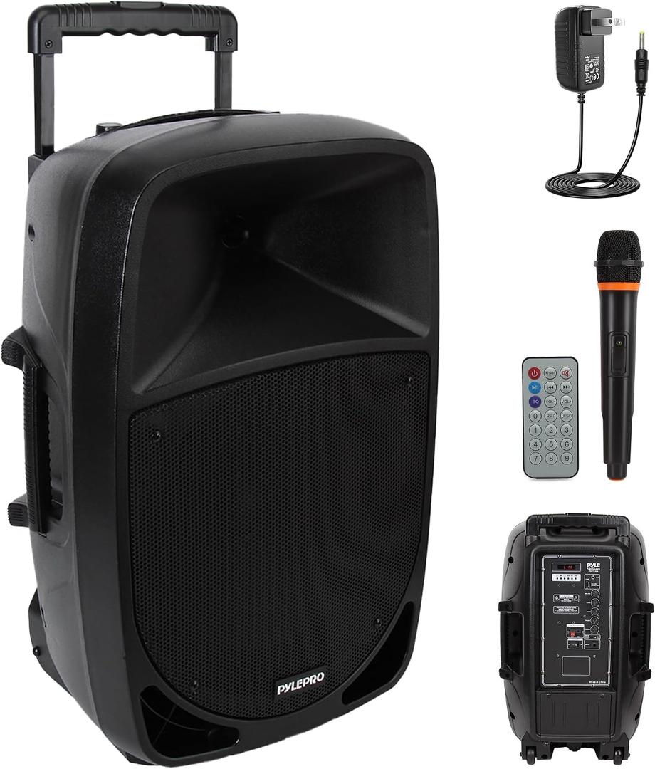Pyle 1200W Portable Bluetooth PA Speaker - 12’’ Subwoofer, LED Battery Indicator Lights W/Built-In Rechargeable Battery, MP3/USB/SD Card Reader, and UHF Wireless Microphone - Pyle PSBT125A,Black