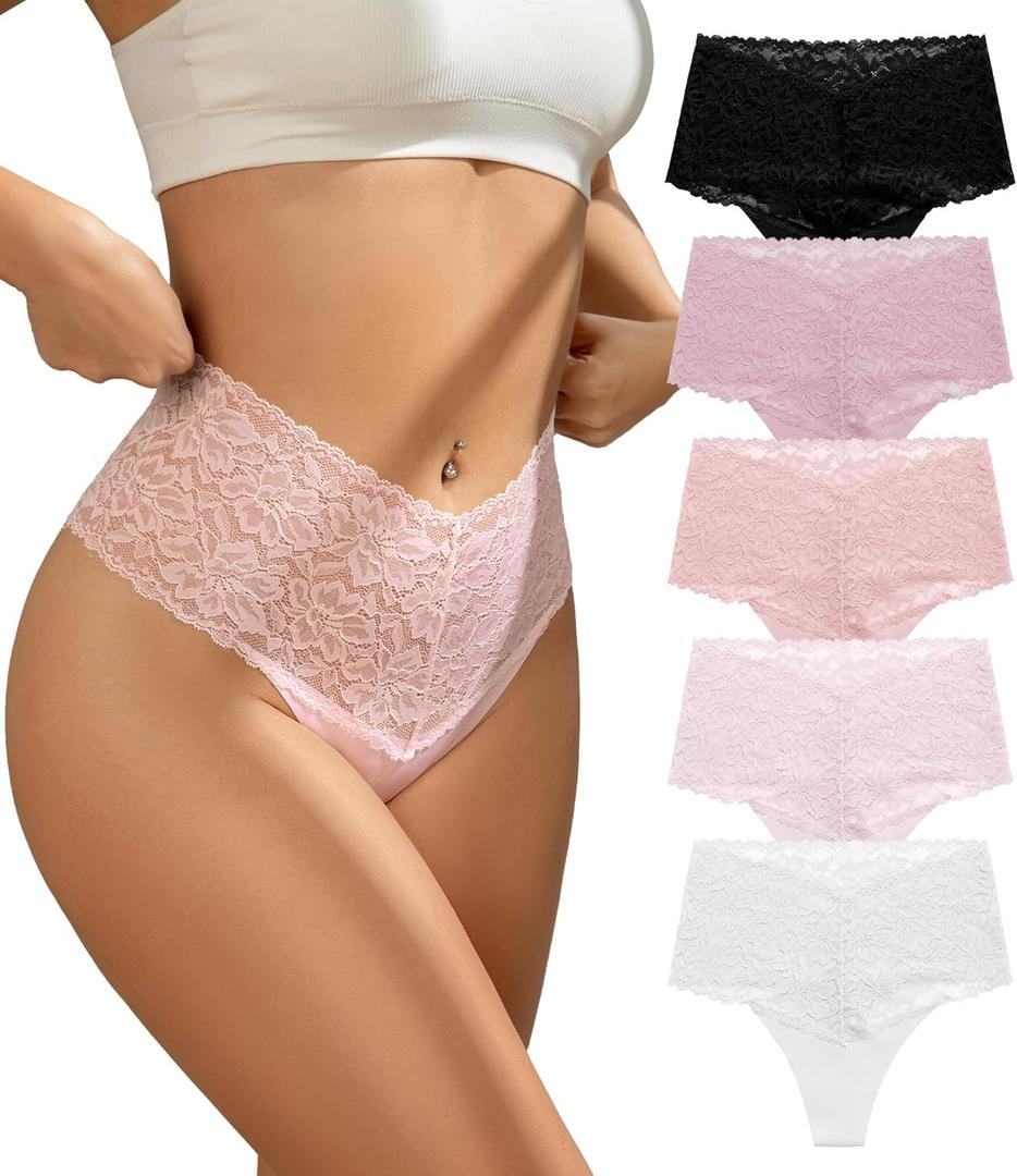 SHARICCA Women Seamless High Waist Underwear Sexy Floral Lace Thong Soft Comfortable Panties Pack (Large, 5p - Pink Lace)