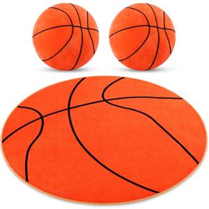 Nuanchu 3 Pcs Basketball Plush Pillows and Basketball Rug for Boys Room Decor Fluffy Soft Stuffed Sports Throw Pillows Round Carpet Area Rug for Bedroom Decor