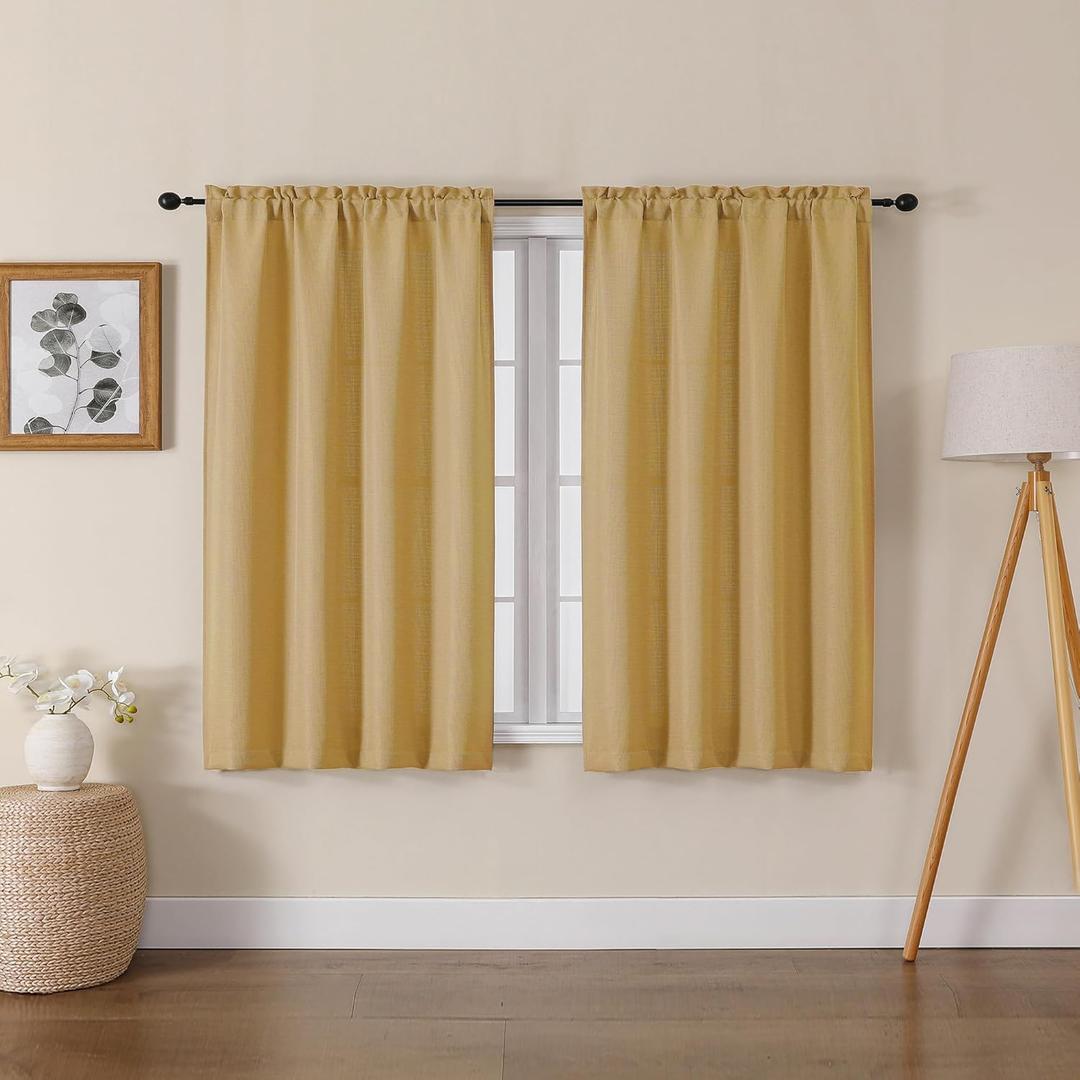 Lecloud Bessie Gold Short Curtains 45 Inch Length 2 Panels, Faux Linen Light Filtering Curtains with Dual Rod Pocket, Farmhouse Small Window Curtain for Bedroom Living Room, Each 30 W x 45 L