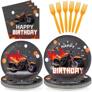96Pcs Motorcycle Birthday Party Decorations Dirt Bike Birthday Paper Plates and Napkins Sets Black and Orange Dirt Bike Motorbike Decorations for Boys Motorcycle Theme Bday Party Supplies Serves 24
