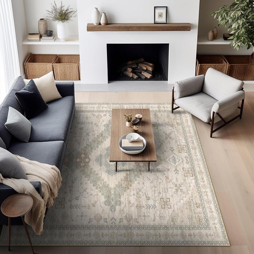Ashler Boho Rug, 9x12 Area Rugs, Vintage Rugs, Large Area Rug, Rugs for Living Room, Bedroom, Kitchen, Dinner, Light Beige/Natural Home Decor, Non-Slip & Machine Washable Rugs, Carpet Decoration