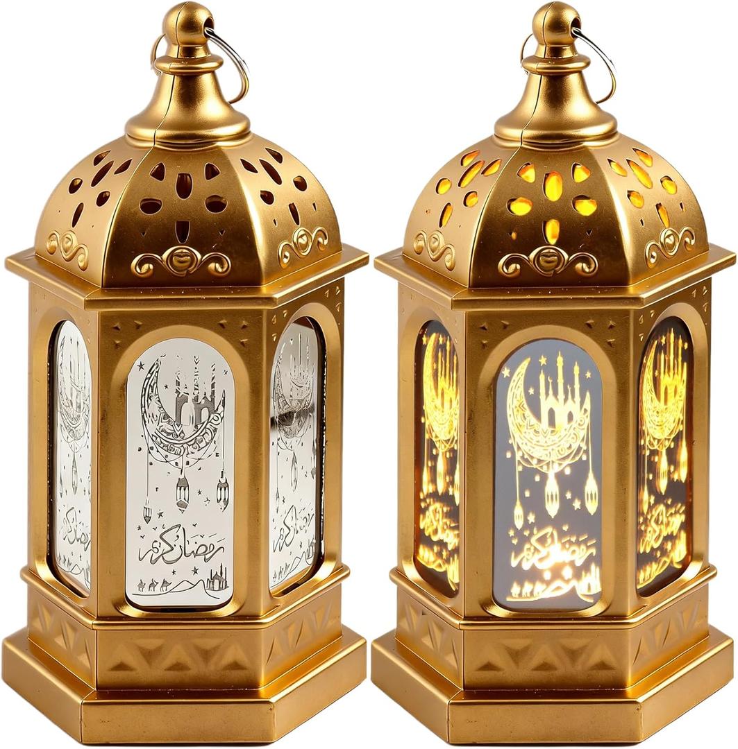 2PCS LED Ramadan Lantern Lights Gold Moon Castle Meteor Design for Eid Mubarak Gifts Home Decorations Table Wall and Eid CenterpiecesGold