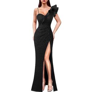 VFSHOW Women's Ruffle One Shoulder Strap Ruched Formal Prom Wedding Maxi Dress V Neck Elegant Split Cocktail Evening Long Gown,  Black Floral Lace, L VFSHOW Women's Ruffle One Shoulder Strap Ruched Formal Prom Wedding Maxi Dress V Neck Elegant Split Cocktail Evening Long Gown,  Black Floral Lace, L