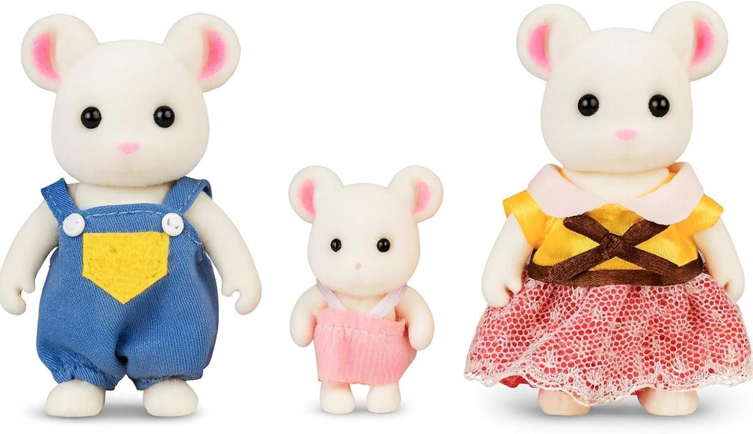 Family White Mouse Figures  Set of 3 Collectible Flocked Mini Dolls with Removable Clothes, Miniature Dollhouse Pretend Play Figures for Kids Ages 3+