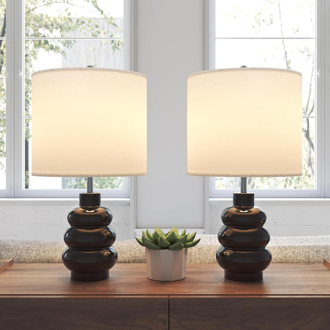 17.5" Black Ceramic Gourd Table Lamps Set of 2, Touch Control Farmhouse Lamps for Nightstand Living Room, Small Rustic Bedside Lamp for Bedroom Desk End Table Office with Linen Shades