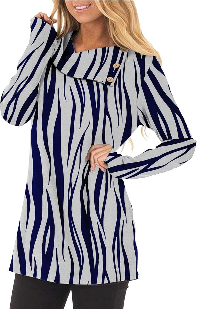 ETCYY Tunic Tops for Women Loose Fit Long Sleeve Shirts Fall 2026 Dressy Casual Blouse Striped Button Cowl Neck Sweatshirts (M)