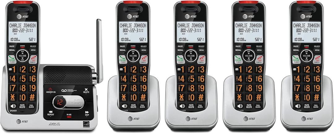 AT&T BL102-5 DECT 6.0 5-Handset Cordless Phone for Home with Answering Machine, Call Blocking, Caller ID Announcer, Audio Assist, Intercom, and Unsurpassed Range, Silver/ Black