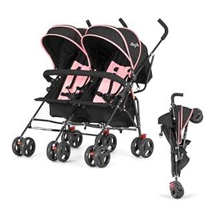 Dream On Me Volgo Twin Baby Stroller, Compact Side-by-Side Double Umbrella Stroller, 5-Point Safety Harness, Adjustable Canopy, Storage Basket & Travel-Friendly Fold, Pink