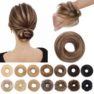 SEGO Human Hair Messy Bun Hairpieces Real Scrunchies Natural Wavy Smoothed Updo Donut Chignon Ponytail Extensions for Women Girls-#4P27 Medium Brown&Dark Blonde (1 Count)