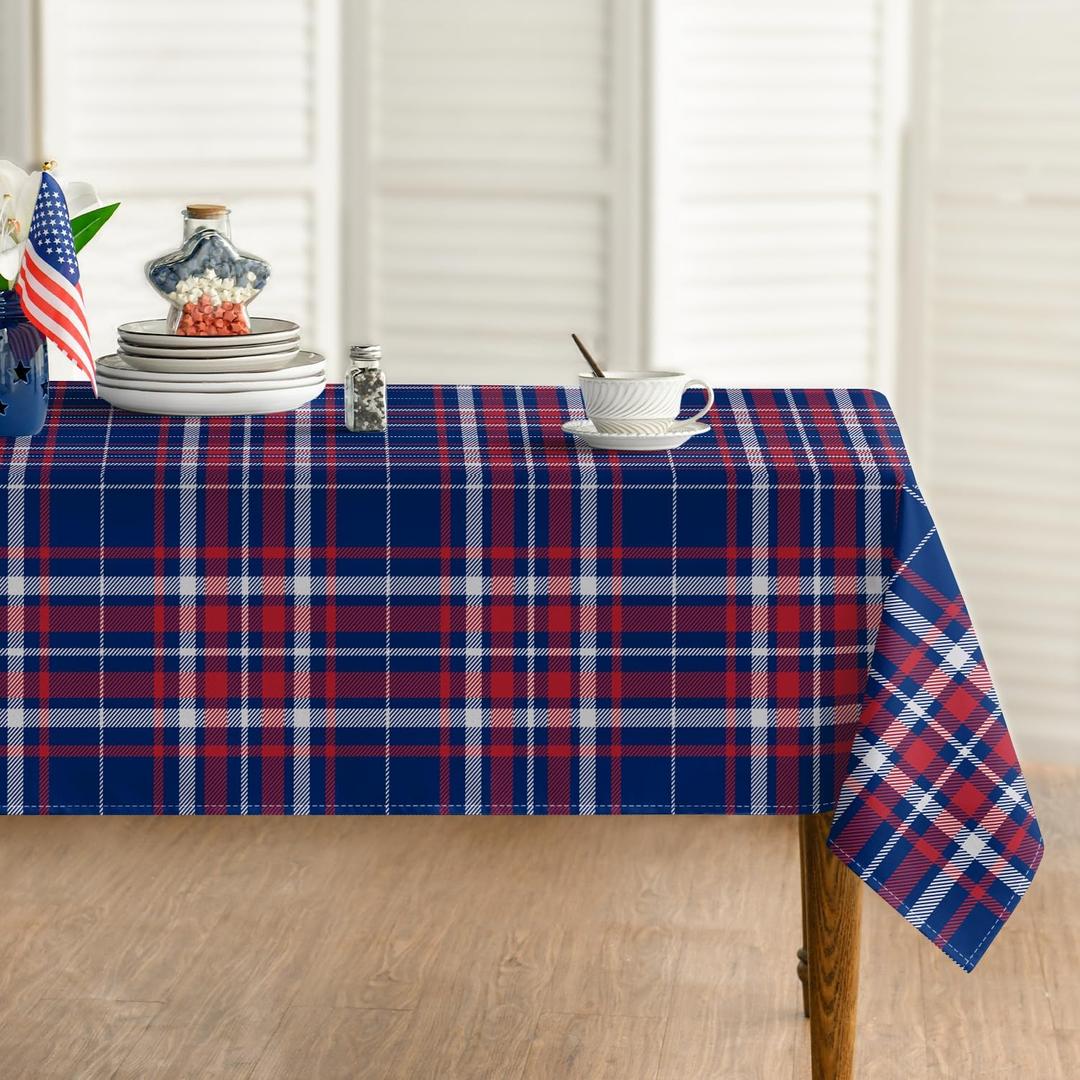 Horaldaily 4th of July Tablecloth 60 X 104 Inch Rectangular, Dark Blue Buffalo Plaid Rural Style Washable Seasonal Table Cover for Party Picnic Dinner Decor