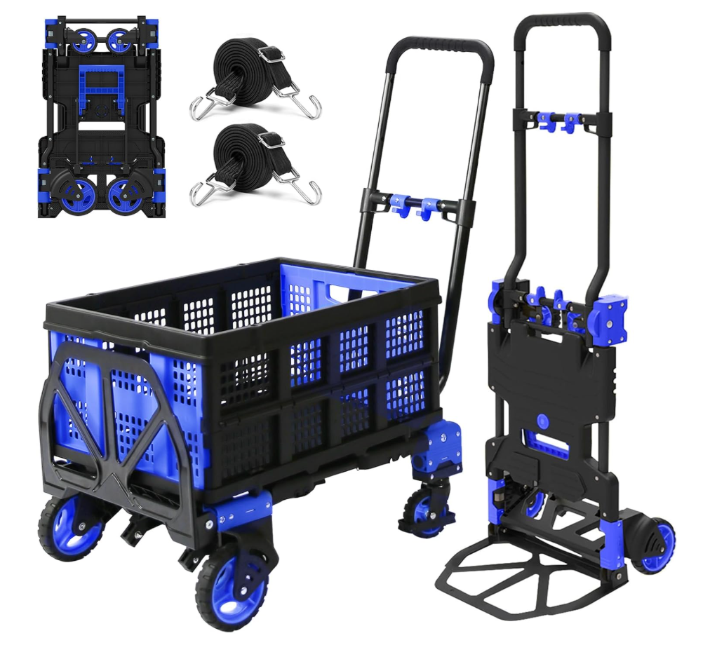 Oyoest 2 in 1 Folding Hand Truck with Folding Basket,Heavy Duty Hand Truck Dolly 330lbs Capacity with Telescoping Handle and Rubber Wheels,Portable Dolly Cart with Bungee Cords for Moving