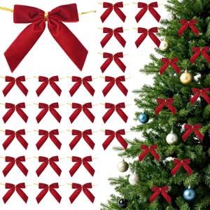 24 PCS 3.5 inches Red Small Velvet Ribbon Bow Pre-Tied Twist Bows Ribbon for Crafts Gift Wrapping Bakery Candy Bags Hair Wedding Christmas Tree Wreath