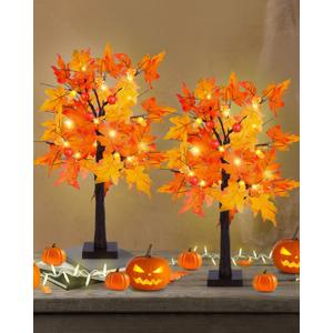 Fall Maple Tree Light 2 Pack, Fall Decorations USB & Battery Operated Light Up Artificial Pumpkins Maple Acorn Tree for Fall Halloween Thanksgiving Table Harvest Home Indoor Decoration