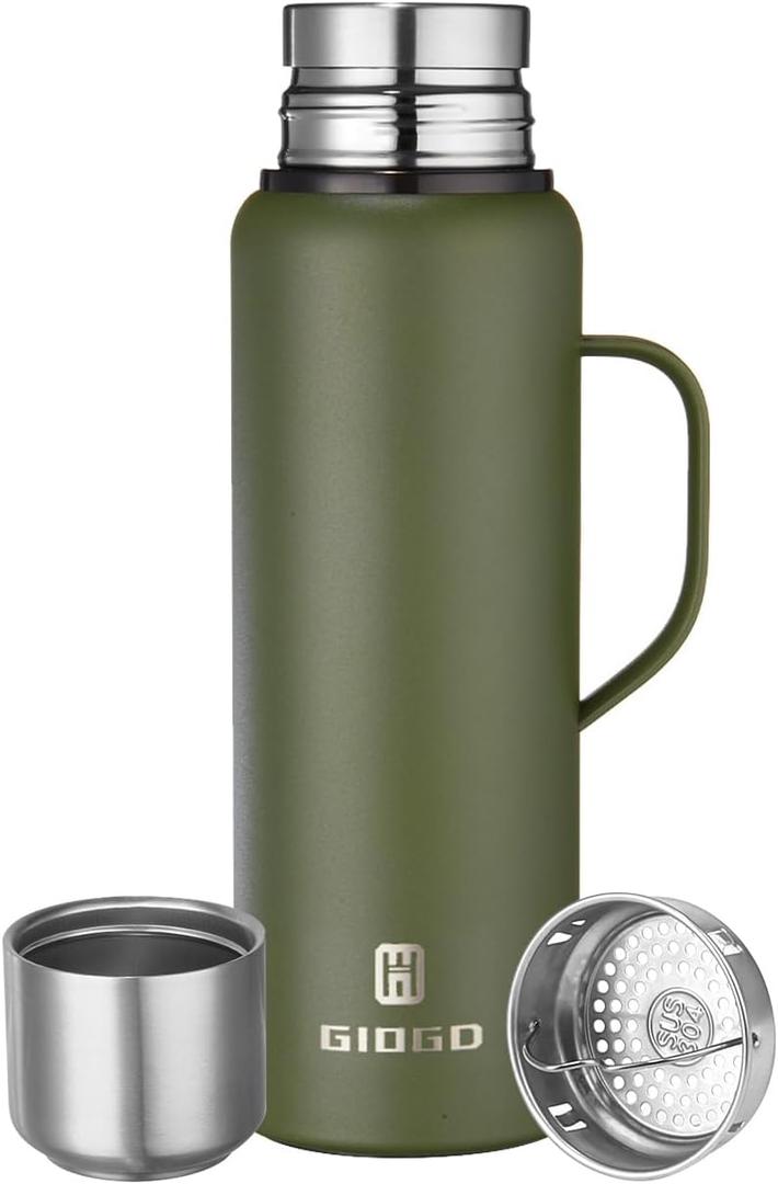 Insulated Vacuum Thermo Bottle 1000ml/33.8oz with Cup Stainless Steel Coffee Bottles for Hot and Cold Drink Water Flask(Green, with Handle, 1000ml)