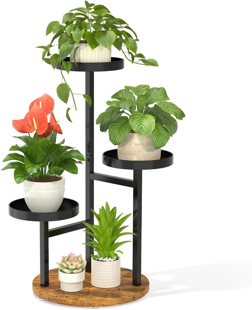 LASZOLA 3 Tier Metal Plant Stand for Indoor Corner, Heavy Duty Wooden Flower Holder Rack for Mutiple Plants, Planter Display Shelf for Patio Garden Balcony Living Room, Black (Matte Black - Brown)