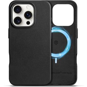 SHIELDON Case for iPhone 16 Pro 6.3" 2024, Genuine Leather Magnetic Wireless Charging, Slim Fit, Non-Slip, Metal Buttons, Shockproof Protective Phone Case Compatible with iPhone 16 Pro - Nappa Black