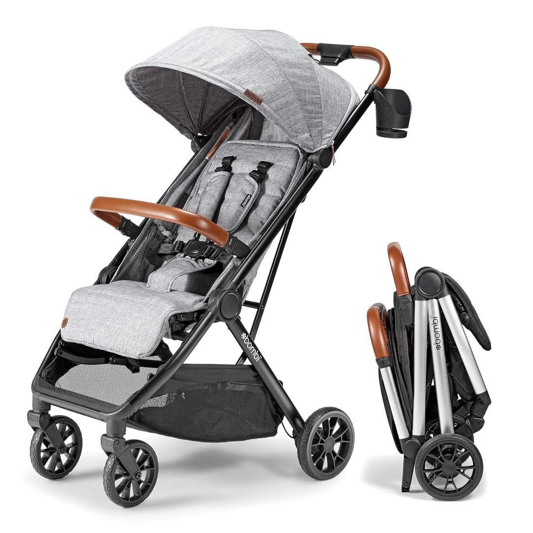 Bombi Bbee V2 Lightweight Baby Stroller - Premium Vegan Leather, One-Hand Fold, Infinite Recline, Aircraft-Grade Aluminum Frame, XXL Canopy, and Ample Storage Umbrella Stroller - Stone Gray