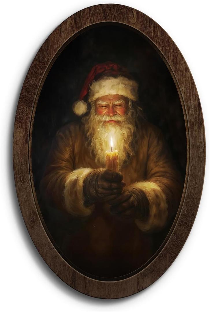 YZSLA Vintage Christmas Santa Oval Framed Wall Art, Rustic Winter Christmas Home Decor, Cozy Winter Xmas Santa Holding Candle Holiday Wooden Wall Decorations for Home Bedroom Living Room, 15.74x10.23