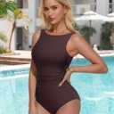 SUUKSESS Women One Piece Ruched Swimsuit Tummy Control Backless Bathing Suit (Brown, XL)