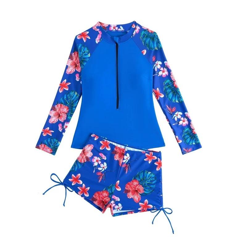 Kiijoy Teen Girls 2-Piece Swimsuit Long Sleeve Rash Guard & Boyshorts Quick Dry Beach Bathing Suit, Sizes 7-8 Years