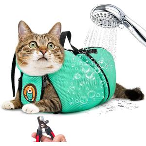 AWOOF Cat Grooming Bag Adjustable Cat Bathing Bag Anti Scratch Bite Polyester Soft Durable Mesh Cat Shower Bag for Cats