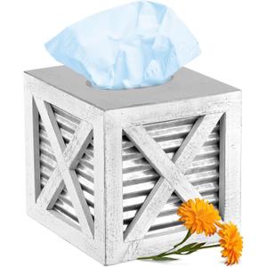 Autumn Alley Barn Door Square Farmhouse Tissue Box Cover in White and Galvanized  Farmhouse Bathroom Accessories  Rustic Bathroom Dcor Tissue Holder | Wood Shabby Chic Tissue Box Cover