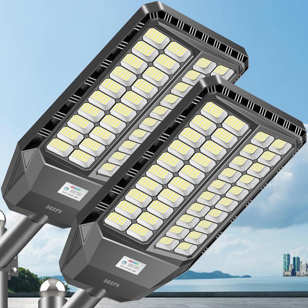 Deepn Solar Street Lights Outdoor, 10000W Bright Security Lights for Yard, Motion Sensor Flood Lights with IP67 Waterproof, Dusk to Dawn Commercial Street Lights for Parking Lot, Garage, Patio, 2 Pack, 9000W*2PACK