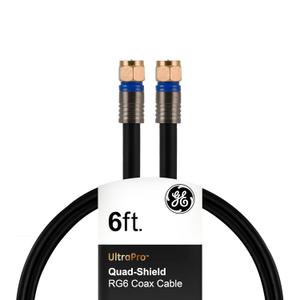 GE RG6 Coaxial Cable, 6 ft. F-Type Connectors, Quad Shielded Coax Cable, 3 GHz Digital, in-Wall Rated, Ideal for TV Antenna, DVR, VCR, Satellite, Cable Box, Home Theater, Black, 33528