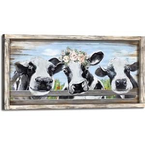 Cow Wall Art Wooden Picture: Cute Farm Animal Framed Artwork Decor Rustic Farmhouse Cattle Painting Horizontal Country Calf Print for Home Bedroom (40L" x 20W")