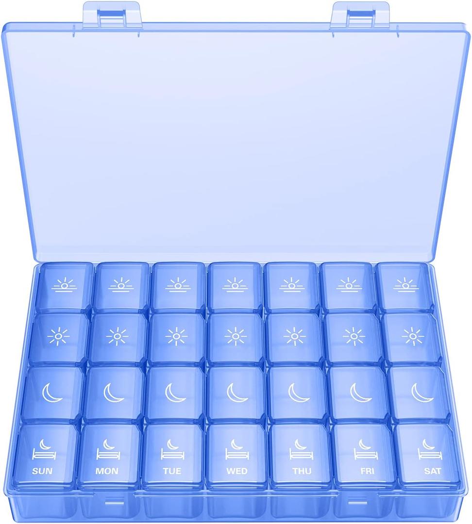 XL Pill Organizer 4 Times a Day, BUG HULL Extra Large Weekly Pill Box Case, 7 Day Vitamin Container Daily Pill Holder for Cod-liver oil, Vitamins, Supplements (Royal Blue)