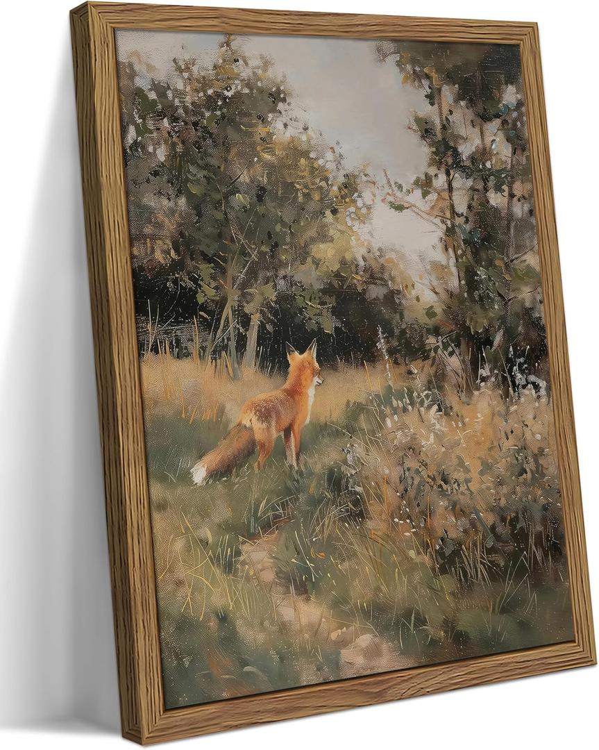 Vintage Framed Wall Art, Country Cottagecore Fox Canvas Wall Decor Painting, Whimsical Cottage Forest Animal Prints Pictures for Farmhouse Living Room Bedroom 8x10 Inch
