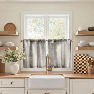 jinchan Striped Linen Kitchen Curtains 20 Inches Length Tier Curtains Farmhouse Modern Cafe Small Window Treatments Airy Light Filtering Rod Pocket for Living Room Bathroom 2 Panels Jet Black