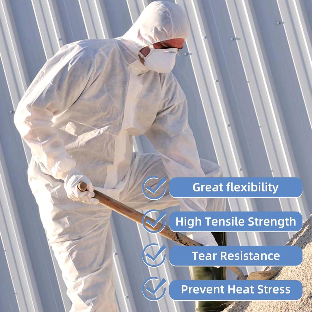 ETERNA Hazmat Suits- 5 Pack Disposable Protective Coveralls with Hood, Zipper, Elastic Wrists for Men & Women, Shield from Dirt, Dust, Paint (White, Large)