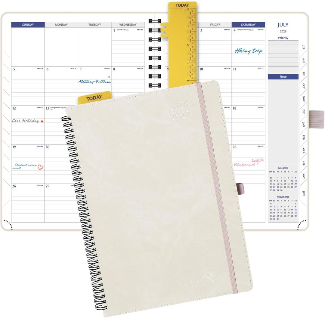 POPRUN 2026-2027 Monthly Planner, Large Size 8.25" x 11.75", 16-Month Soft Cover Agenda Calendar from April 2026 to July 2027, Appointment Book with Spiral Bound, Monthly Tabs, Notes and Expenses Pages - Beige