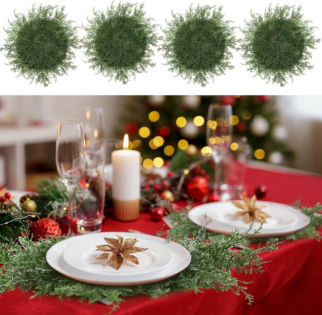 Willinglong 12 Pack Christmas Pine Placemats Bulk 20 Inch Christmas Large Round Artificial Realistic Pine Branches Place Mats for Xmas Dining Table Party Decorations