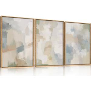 Abstract Gray Pastel Framed Canvas Wall Art Set,Neutral Watercolor Brush Stroke Wall Decor,Modern Minimalist Beige Illustration Artwork for Living Room,Bedroom,Dining Room -12"x16"x3