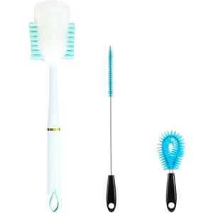 Bottle Brush Tube Cleaning Set with Long Handle, 3-in-1 Upgraded Water Bottle Brush Cleaner Cup Cleaner for Washing Narrow Neck Beer Wine Decanter Pipes Lids Sinks Cap Covers (Blue)
